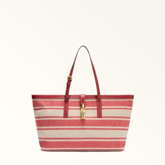 Furla Debby Borsa Shopping L Toni Lacca Tessuto Canvas A Righe + Pelle Di Vitello Sidney Donna