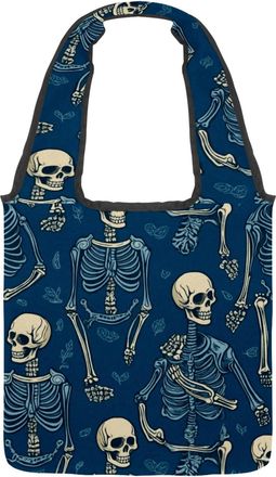 Generic Retro Blue Skull Reversible Canvas Shoulder Tote - Double-Sided Print, 12oz Cotton, 27cm Drop, Fold-Flat Bag for Travel, Shopping, Street Outings
