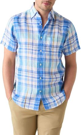 Robert Talbott Morgan Plaid Linen Short Sleeve Shirt in Aqua Multi at Nordstrom, Size X-Large