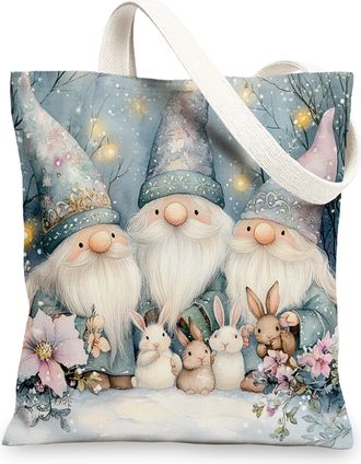 Generic Winter Christmas Gnome Canvas Tote Bag for Shopping 13x15, Blue Fun Snow Xmas Forest Reusable Grocery Print Pattern Bag for Women, Holiday New Year Be