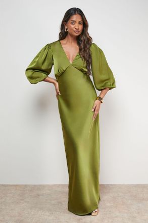 Oasis Womens Satin V Neck Balloon Sleeve Bias Midi Dress - Green - Size 16 UK