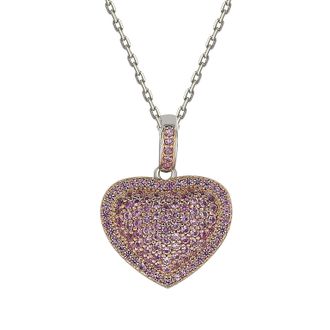 Suzy Levian Pink Sapphire Rose Sterling Silver Pave Heart Pendant