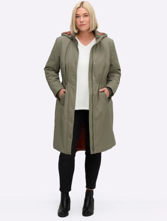 Sheego Wintermantel SHEEGO, Damen, Gr. 42, gr&uuml;n (khaki, rostrot), 64% Baumwolle, 36% Polyamid, Wattierung:100% Polyester, M&auml;ntel Wintermantel