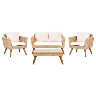 Beliani Conjunto De Jard&iacute;n De Rat&aacute;n Sof&aacute; Sillones Exterior Blanco Crema Vittoria