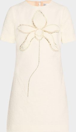 Oscar De La Renta Floral Embroidered Short Cotton Tweed Shift Dress