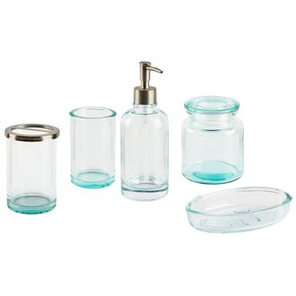 Beliani Conjunto De 5 Accesorios De Ba&ntilde;o De Vidrio Verde Plateado Dispensador Jabonera Portacepillos 2 Recipientes Glamour Amarga