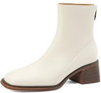 Generic Womens Ankle-High PU Leather Boots Square Toe Block Heels Side Zipper Sleek Slim Fit Solid Color Soft Lining Cushioned Insole Durable Outsole,White,4.