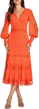 Tadashi Shoji Lace Pintuck Long Sleeve Cocktail Dress in Apricot at Nordstrom, Size 14