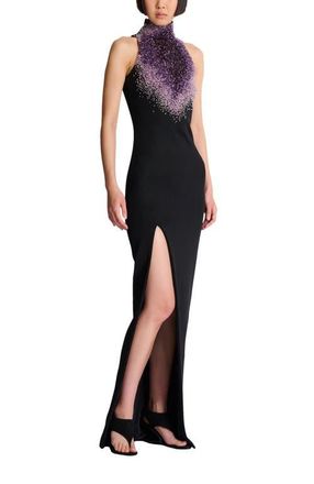 Balmain Milano jersey halterneck dress with Amethyst embroidery in Black at Nordstrom, Size 36 Eu