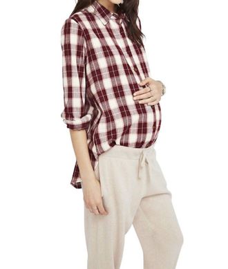 Hatch Flannel Plaid Button Down Maternity Shirt In Bordeaux
