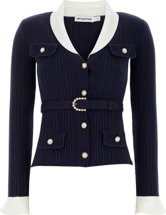 Self Portrait Blue Ribbed Viscose Cardigan