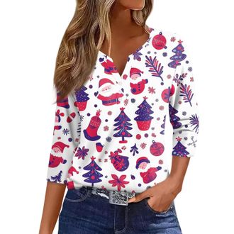 Generic Womens Sweatshirts Womens Christmas Sweaters Snowflake Print 3/4 Sleeve Button V Neck Tops Casual Holiday Xmas Shirts Size 8 White