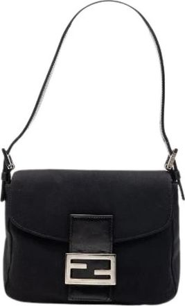 Fendi Pre-owned Shoulder Bags, female, Black, Size: ONE SIZE Pre-owned Mamma Baguette Cotton Canvas Leather Shoulder Bag