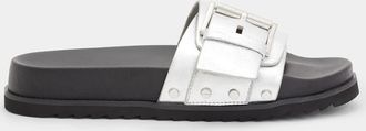 AllSaints Cow Leather Ellie Buckle Metallic Leather Sliders, Size: UK 3/US 6/EU 36