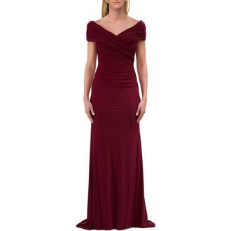 La Femme Off the Shoulder Ruched Net Jersey Evening Dress in Dark Berry at Nordstrom, Size 14