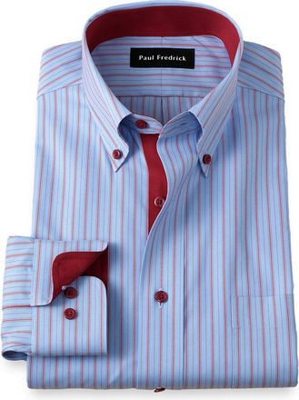 Paul Fredrick Slim Fit Comfort Stretch Non-iron Stripe Dress Shirt With Contrast Trim