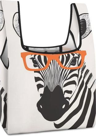 Generic Zebra with Glasses Reusable Shopping Bags Lightweight Foldable Grocery Bag Polyester Washable Tote Bag