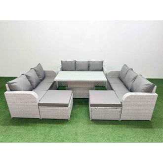 Fimous Pe Rattan Lounge Sofa Set 11 Seater Outdoor Garden Furniture Set with Adjustable Lifting Dining or Coffee Table 3 Seater Sofa 2 Big Footstools 2 Side