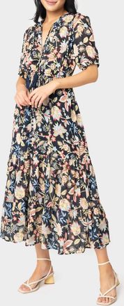 Elan Short Sleeve Tiered Floral Midi Dress In Navy Melrose Print