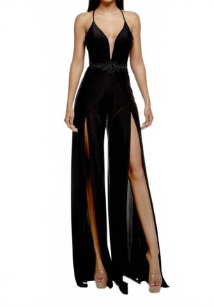 Alyce Paris Plunging Neckline Jumpsuit In Black