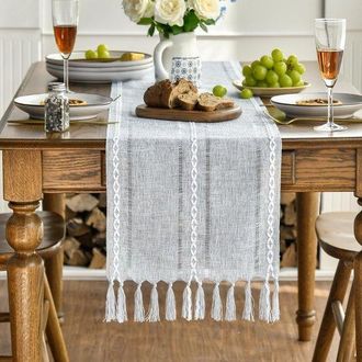 OEM Camino De Mesa Gris Claro Con Borlas, 33 X 303 Cm - Manteler&iacute;a Lavable De Estilo R&uacute;stico, Ideal Para Fiestas, Cumplea&ntilde;os, San Valent&iacute;n O Bodas