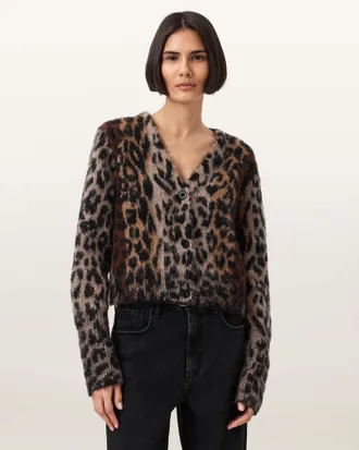AllSaints Wick Leopard Jacquard Cropped Cardigan