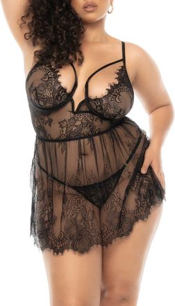 Mapalé Underwire Eyelash Lace Babydoll & G-String Set in Black at Nordstrom, Size 2X