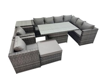 Fimous 9 Seater Rattan Corner Sofa Sets with 2 Chairs Big Stool Side Table in Dark Grey