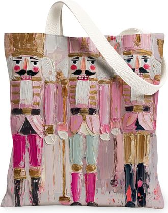 Generic Nutcracker Canvas Tote Bags, Holiday Decorative Pattern Reusable Bags, Winter Vintage Lightweight Washable Shoulder Strap F, Peach, 13x15 Inch