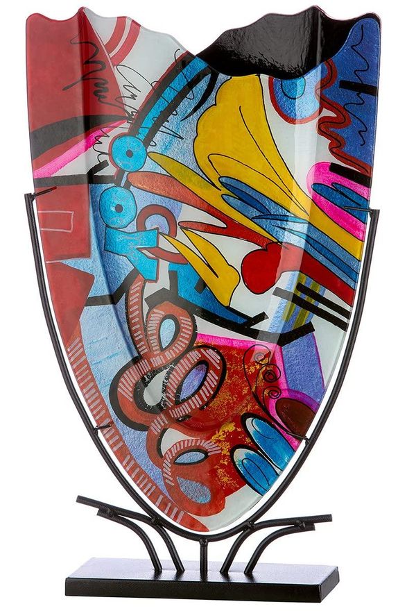 GILDE GLAS Art Deko-Vase Auf Metallständer – Handbemalt, 48 Cm Hoch, Mehrfarbig, Unikat