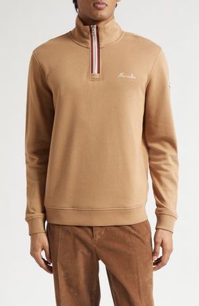 Moncler Embroidered Logo Patch Fleece Quarter Zip Sweatshirt in Camel at Nordstrom, Size Xxx-Large