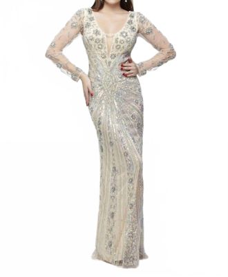 Primavera Full Sleeved Embroidered Formal Gown In Nude