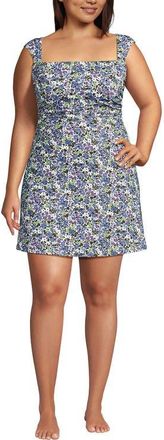 Lands End Chlorine Resistant Square Neck Ruched Swim Dress One Piece Swimsuit in White/lilac Multi Ditsy Floral at Nordstrom, Size 26W