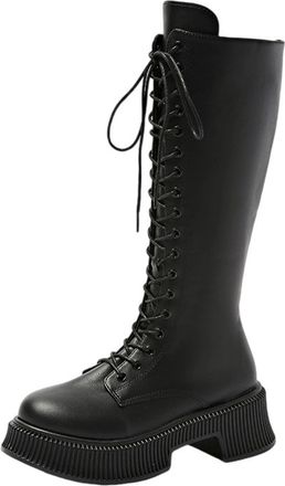 Generic Womens Knee High Boots Ladies Plaform Knee High Shoes Lace Up Wedge Chunky Heel Lug Sole Round Toe Zipper Faux Leather Shoes Motorcycle Punk Gorh Boot
