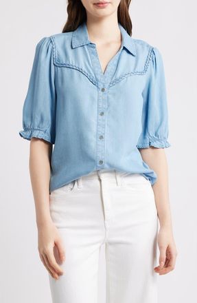 Beach Lunch Lounge Indira Short Sleeve Denim Button-Up Shirt in Light Wash at Nordstrom, Size X-Large