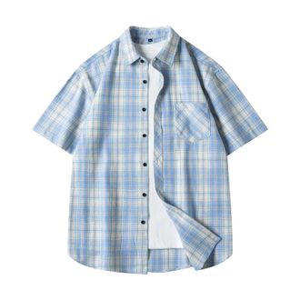 Generic Mens Checked Shirt Short Sleeve Flannel Shirt for Men Fashion Lightweight Lapel Collar Button Down Summer Casual Tops Breathable Versatile Daily Wear 
