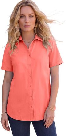 Roaman's Plus Size Kate Short Sleeve Easy Cotton Blend Button Front Shirt in Sunset Coral at Nordstrom, Size 14