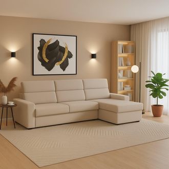 Dmora Sof&aacute; Fijo Con Chaise Longue Vigonovo, Desenfundable, Reversible Hecho En Italia, Impermeable Multiposici&oacute;n, 280x160 Cm Beige