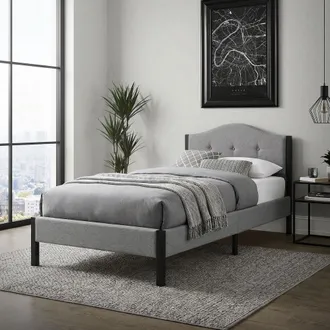ML Design Ml-design Cama Tapizada Individual 90x200 Cm Estructura Con Cabecero Y Somier Robusto De L&aacute;minas Con Armaz&oacute;n De Acero Y Tejido De Lino Gris, Base Para
