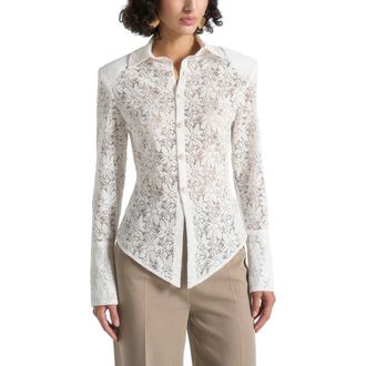 Mani&egrave;re De Voir Sila Wide Shoulder Lace Angled Shirt in White at Nordstrom, Size 10