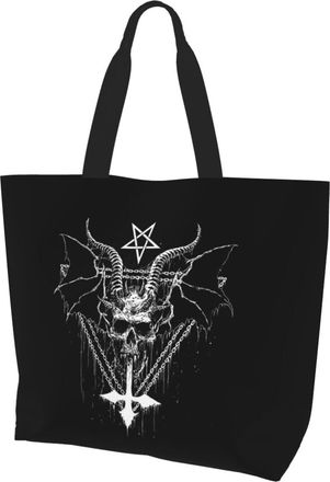 AOOEDM Satan Skull Inverted Cross Satanic Ladies Canvas Tote Reusable Shopping Bag