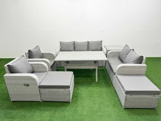 Fimous PE Rattan Garden Furniture Set Reclining Chair Sofa Double Love Seat 2 Seater Sofa Lounge Set Rectangular Dining Table 2 Big Footstool Side