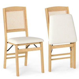 Costway Costway Folding Chairs Set of 2 Rubber Wood Dining Chairs w/Linen Padded Seat in Natural