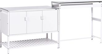 Beliani Outdoor Kitchen Cabinet White Stainless Steel 3 Door Unit with Top Garden Kitchen Dining MAENZA