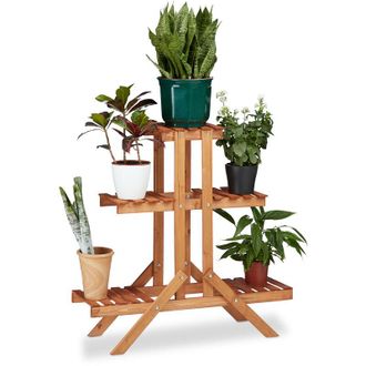 Relaxdays Relaxdays - Flower Ladder Rack with 3 Tiers, Wooden, Flower Stand for Indoors, Multi-Tier, HxWxD: ca 82.5 x 83 x 28.5 cm, Light Brown