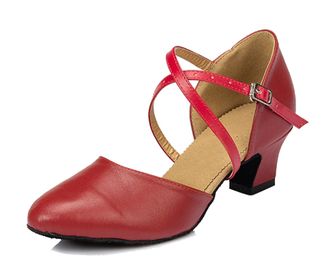 Minitoo Women Dance Shoes Closed Toe Party Evening Wedding Pumps with Ankle Strap HW033 Red UK 6.5