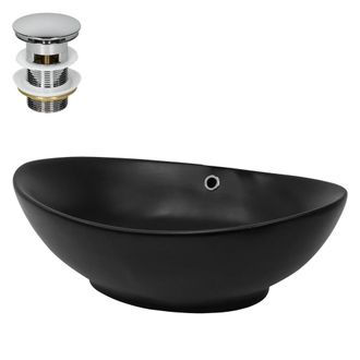 ML Design Lavabo ba&ntilde;o de cer&aacute;mica negra ovalado con juego de drenaje