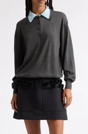 Plan C Double Collar Long Sleeve Merino Wool & Silk Polo in Gray Blue at Nordstrom, Size 40