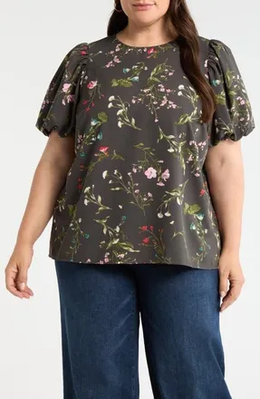 Sugarlips Floral Print Puff Sleeve Top in Green-Multi at Nordstrom, Size 1X