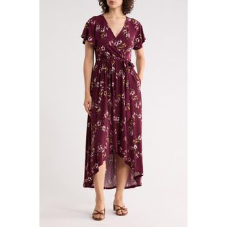 West K Flutter Sleeve High-Low Dress in Burgundy Floral at Nordstrom Rack, Size X-Large